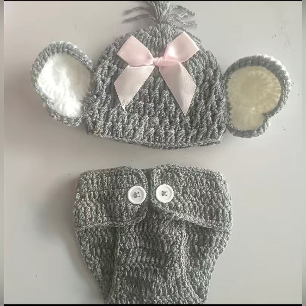 Newborn Elephant Knit Gray Pink Bow Outfit